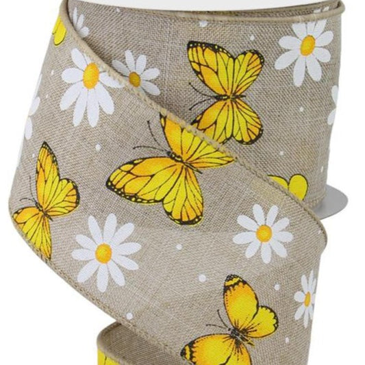 Wired Ribbon * Butterflies And Daisies * Natural/White/Yellow/Gold/Black * 2.5" x 10 Yards * RGC198518