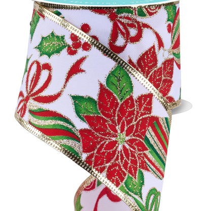 Wired Ribbon * Poinsettia Ornaments * White/Multi  * 2.5" x 10 Yards * RGC823027