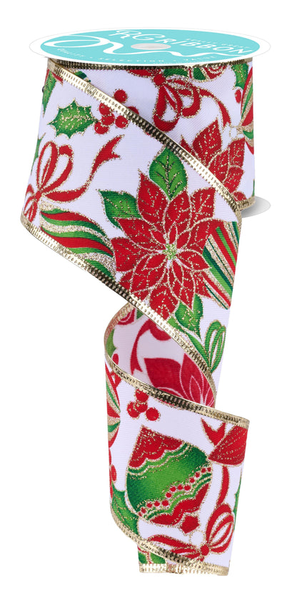 Wired Ribbon * Poinsettia Ornaments * White/Multi  * 2.5" x 10 Yards * RGC823027