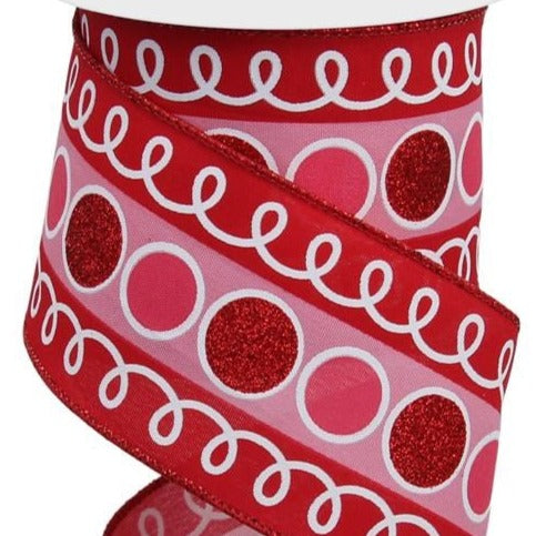 Wired Ribbon * Stripe Glitter Circles and Loops * Red, Pink and White * 2.5" x 10 Yards * RGE1068Y1