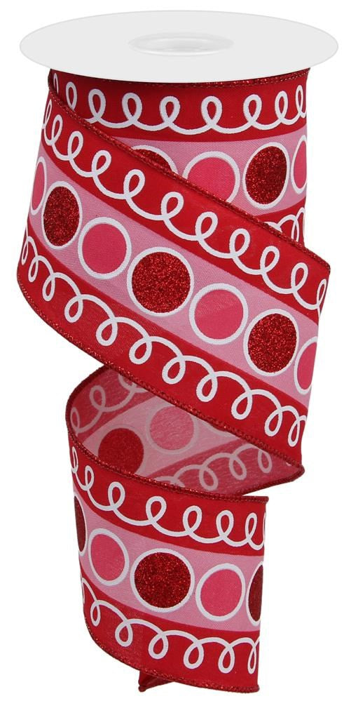 Wired Ribbon * Stripe Glitter Circles and Loops * Red, Pink and White * 2.5" x 10 Yards * RGE1068Y1