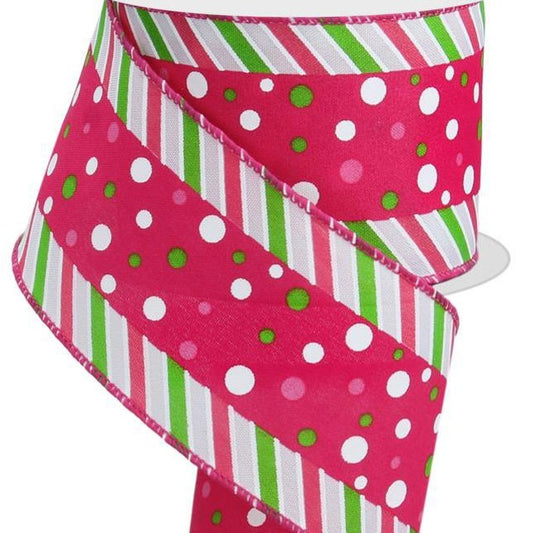 Wired Ribbon * Polka Dots and Stripes *  Pink, White, Spring Green * 2.5" x 10 Yards * RGE107822