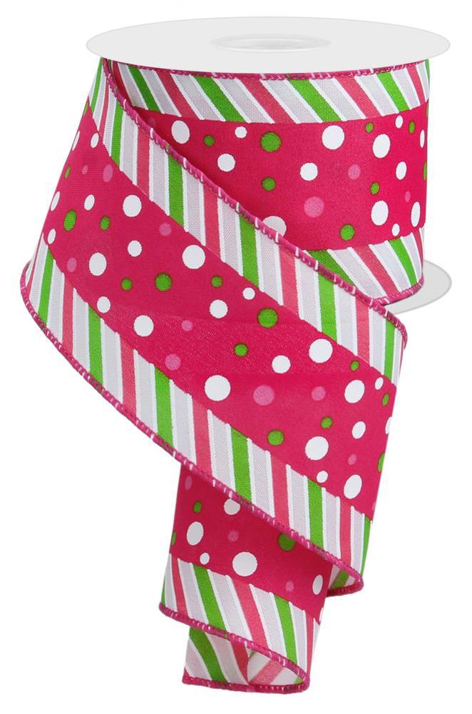 Wired Ribbon * Polka Dots and Stripes *  Pink, White, Spring Green * 2.5" x 10 Yards * RGE107822