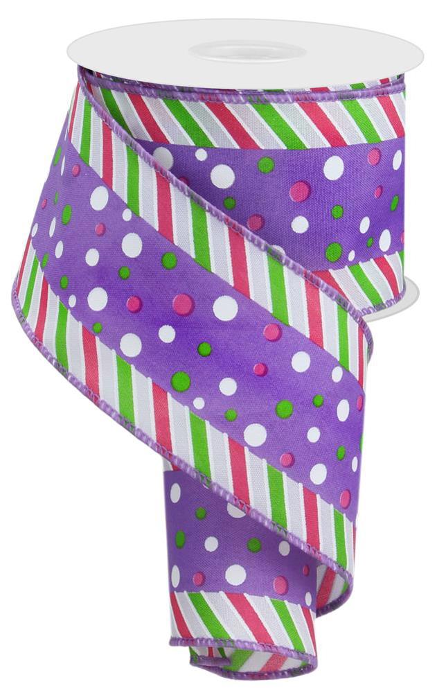 Wired Ribbon * Polka Dots and Stripes *  Purple, Pink, White, Spring Green * 2.5" x 10 Yards * RGE107823