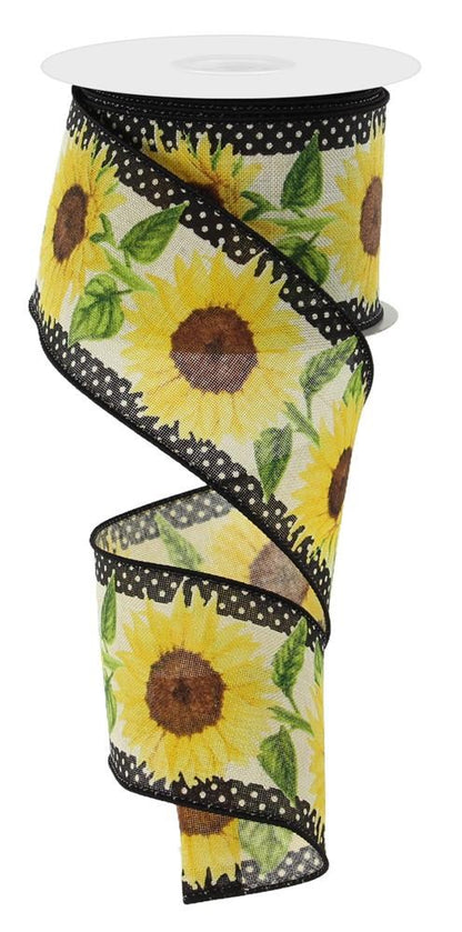 Wired Ribbon * Sunflowers With Polka Dots * Cream, Yellow, Green, Black and Brown Canvas * 2.5" x 10 Yards * RGE1105C2