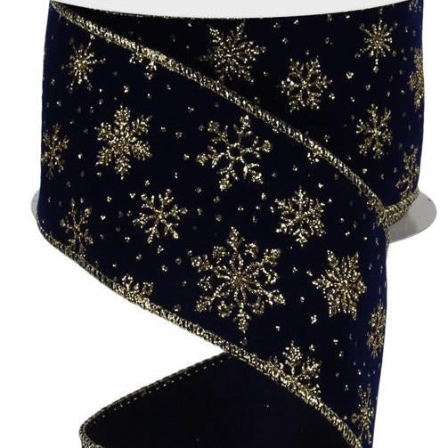 Wired Ribbon * Glitter Snowflakes on Velvet * Navy/Gold * 2.5" x 10 Yards * Canvas * RGE1138WA