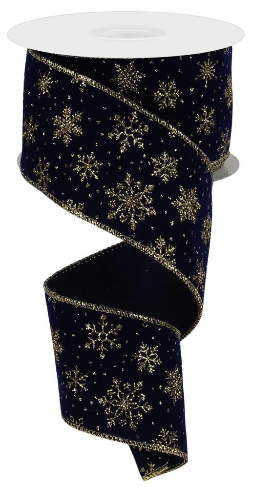 Wired Ribbon * Glitter Snowflakes on Velvet * Navy/Gold * 2.5" x 10 Yards * Canvas * RGE1138WA