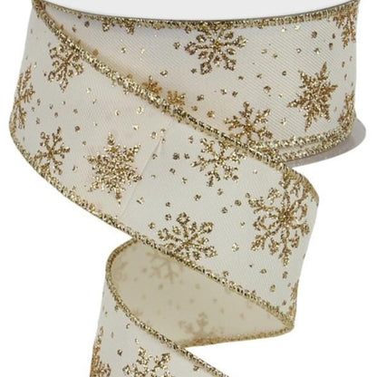 Wired Ribbon * Glitter Snowflakes * Ivory/Gold * 1.5" x 10 Yards * Canvas * RGE113930