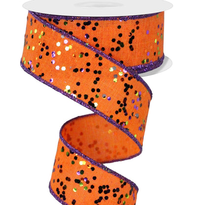 Wired Ribbon * Sprinkled Hex Glitter Finish * Orange/Black/Purple/Lime * 1.5" x 10 Yards * Canvas * RGE12567Y