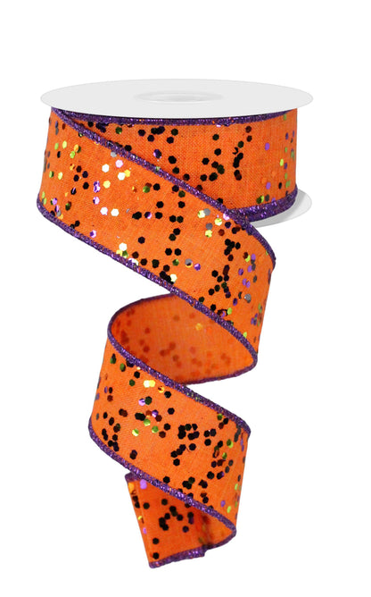 Wired Ribbon * Sprinkled Hex Glitter Finish * Orange/Black/Purple/Lime * 1.5" x 10 Yards * Canvas * RGE12567Y