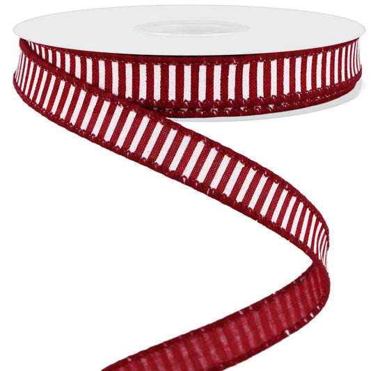 Wired Ribbon * Horizontal Stripes * Burgundy and White Canvas * 5/8" x 10 Yards * RGE126705