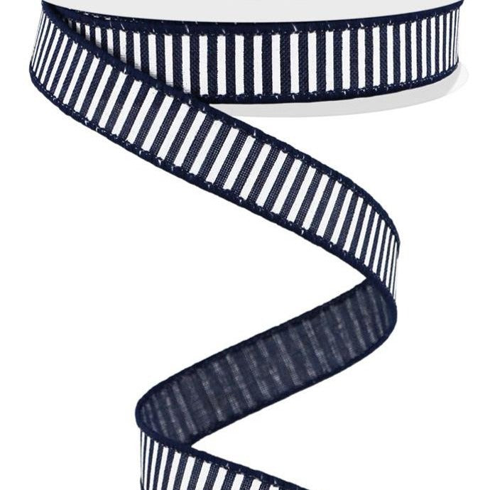 Wired Ribbon * Horizontal Stripes * Navy Blue and White Canvas * 5/8" x 10 Yards * RGE126719