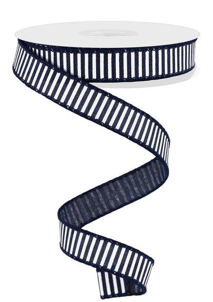 Wired Ribbon * Horizontal Stripes * Navy Blue and White Canvas * 5/8" x 10 Yards * RGE126719