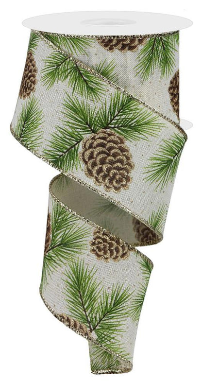 Wired Ribbon * Pinecone, Pine Needles  * Cream, Brown, Green and Gold Canvas * 2.5" x 10 Yards * RGE1501C2