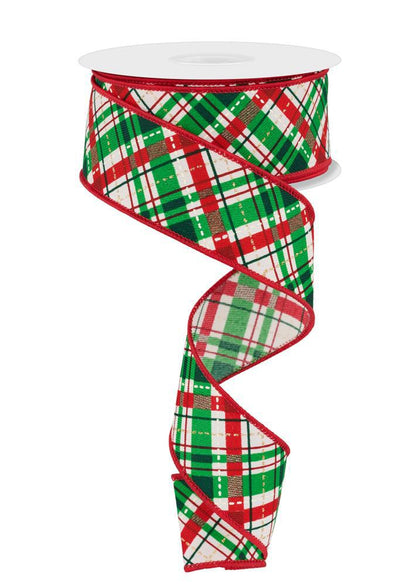 Wired Ribbon * Diagonal Bias Look Plaid * Ivory, Red. Green, Cream, Gold * 1.5" x 10 Yards * RGE179445 * Canvas