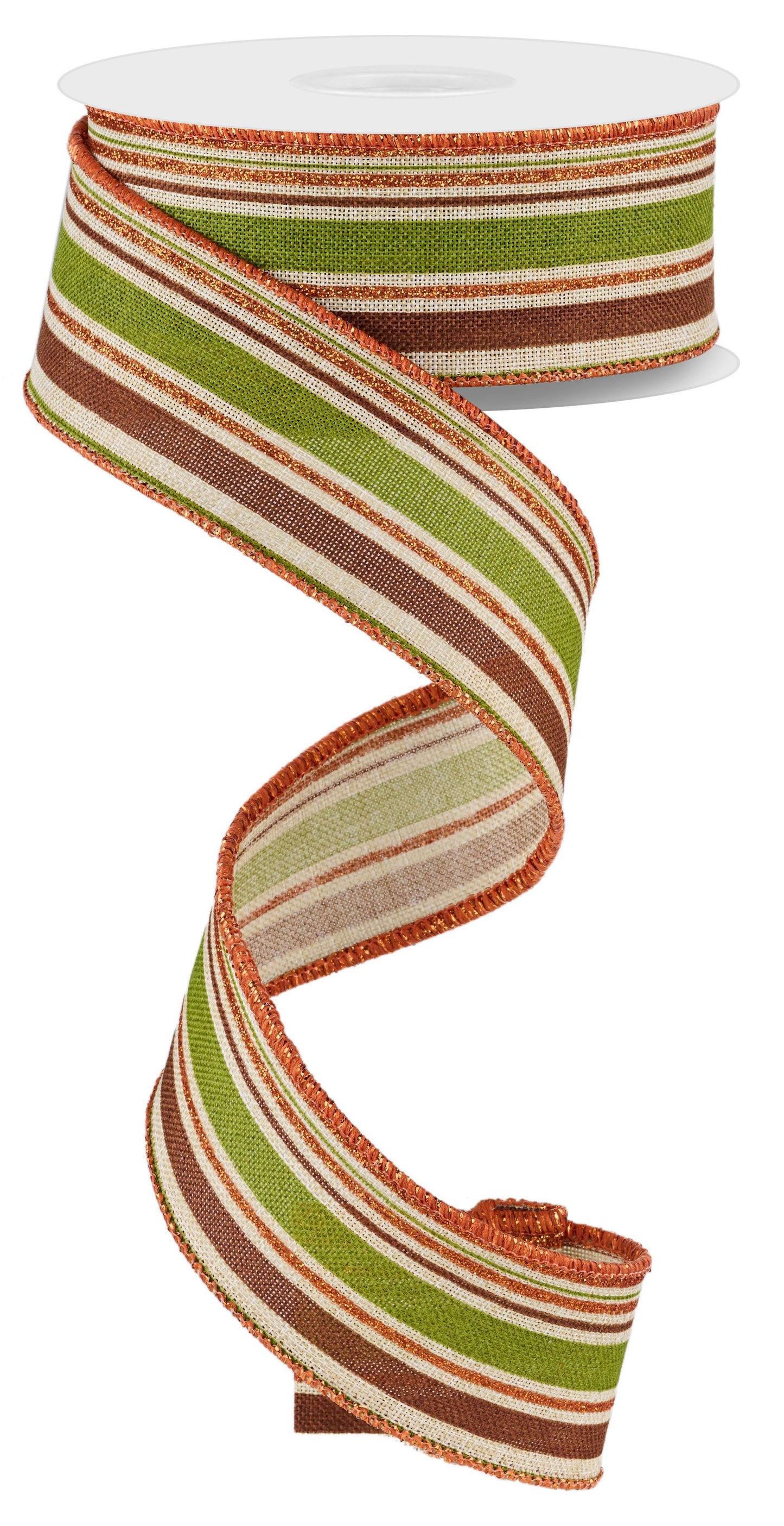 Wired Ribbon * Vertical Stripe * Lt Natural/Moss/Brown/Orange * 1.5" x 10 Yards * RGE182144