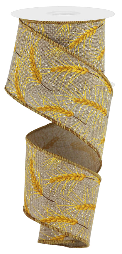 Wired Ribbon * Wheat * Light Beige, Mustard, Brown and White * 2.5" x 10 Yards * RGE195301