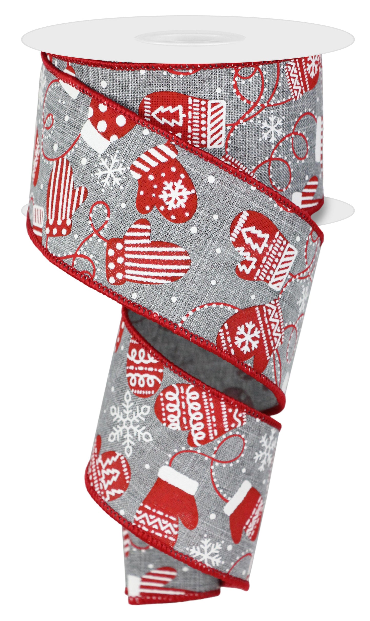 Wired Ribbon * Christmas Mittens * Red, Grey and White Canvas  * 2.5" x 10 Yards * RGE197010