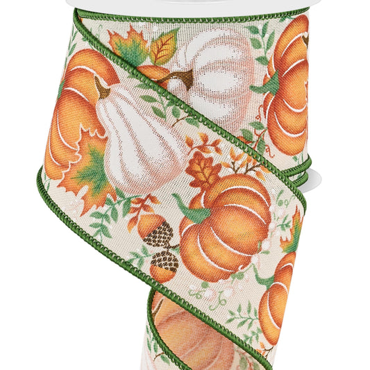 Wired Ribbon * Pumpkins. Gourds and Leaves * Cream, Orange, Sage * 2.5" x 10 Yards Canvas * RGE198764