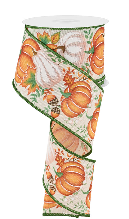 Wired Ribbon * Pumpkins. Gourds and Leaves * Cream, Orange, Sage * 2.5" x 10 Yards Canvas * RGE198764