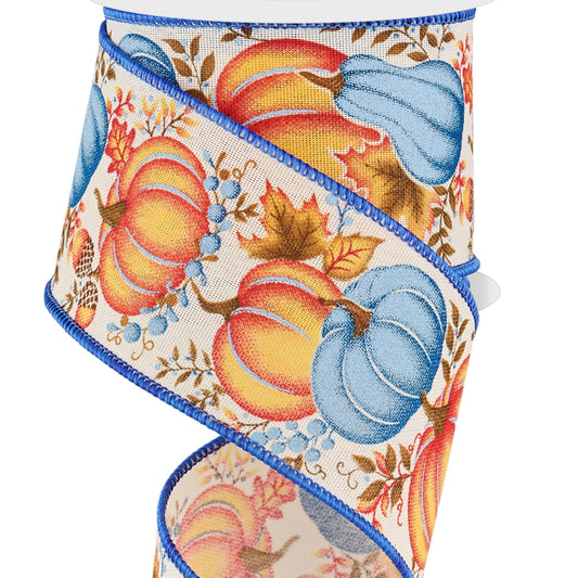 Wired Ribbon * Pumpkins. Gourds and Leaves * Cream, Orange, Blue, Brown * 2.5" x 10 Yards Canvas * RGE19878K