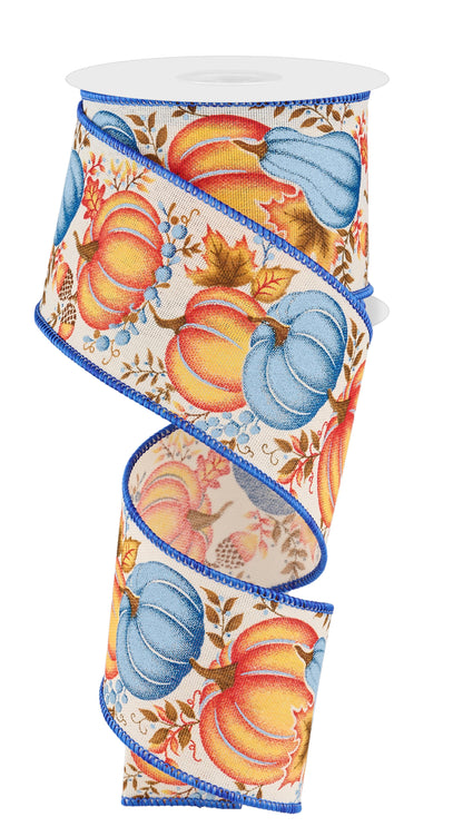 Wired Ribbon * Pumpkins. Gourds and Leaves * Cream, Orange, Blue, Brown * 2.5" x 10 Yards Canvas * RGE19878K