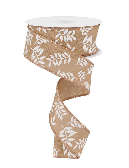 Wired Ribbon * Laurel Leaf * Beige and White * 1.5" x 10 Yards Canvas * RGF113201