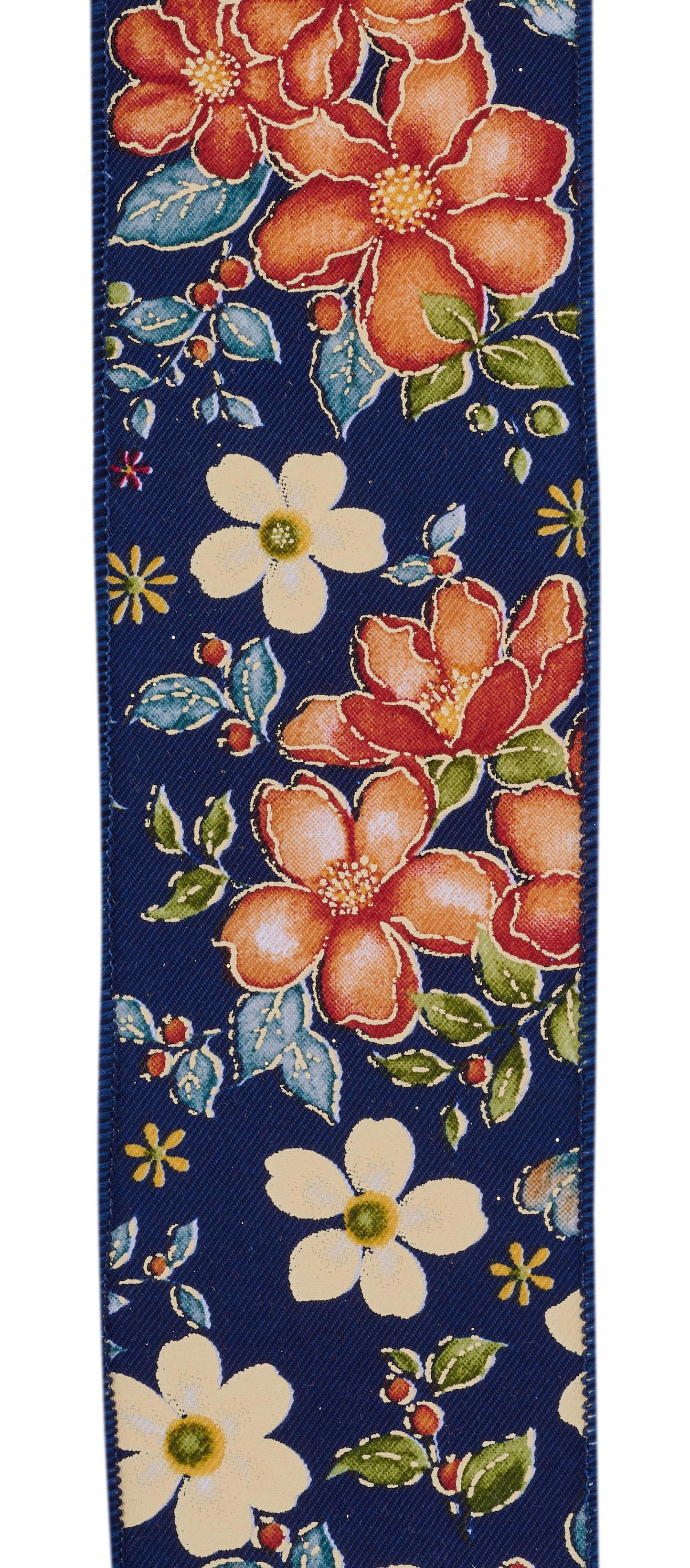 Wired Ribbon * Watercolor Flowers * Navy, Wine, Orange, Moss * 2.5" x 10 Yards Canvas * RGF115719