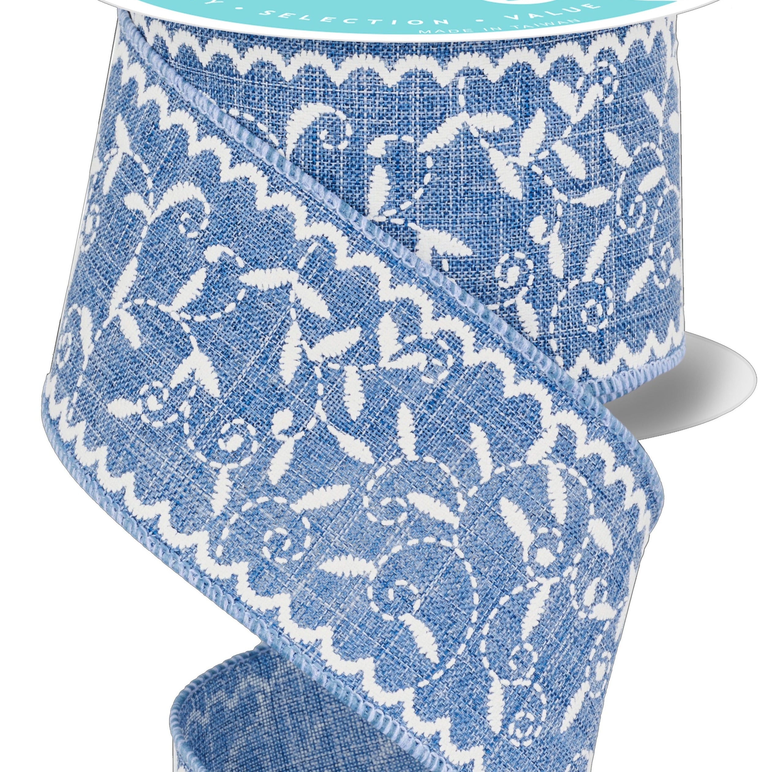 Wired Ribbon * Stitch Mini Leaf * Denim Blue and White * 2.5 Wired Ribbon * Stitch Mini Leaf * Denim Blue and White * 2.5