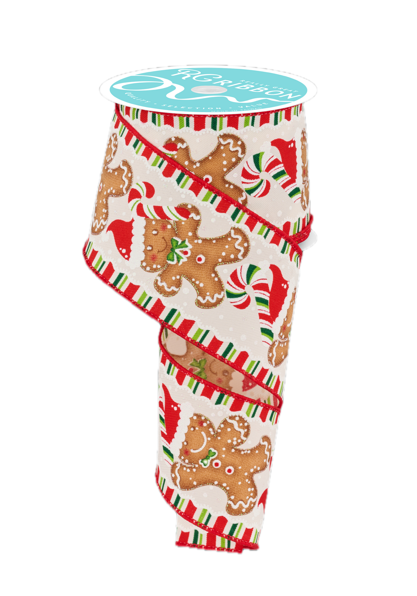 Wired Ribbon * Gingerbread w/Santa Hat * Ivory/Red/Brown/Green* 2.5" x 10 Yards * Canvas * RGF123030