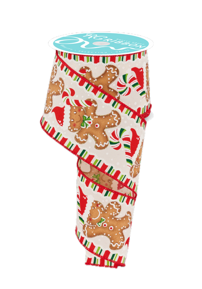 Wired Ribbon * Gingerbread w/Santa Hat * Ivory/Red/Brown/Green* 2.5" x 10 Yards * Canvas * RGF123030