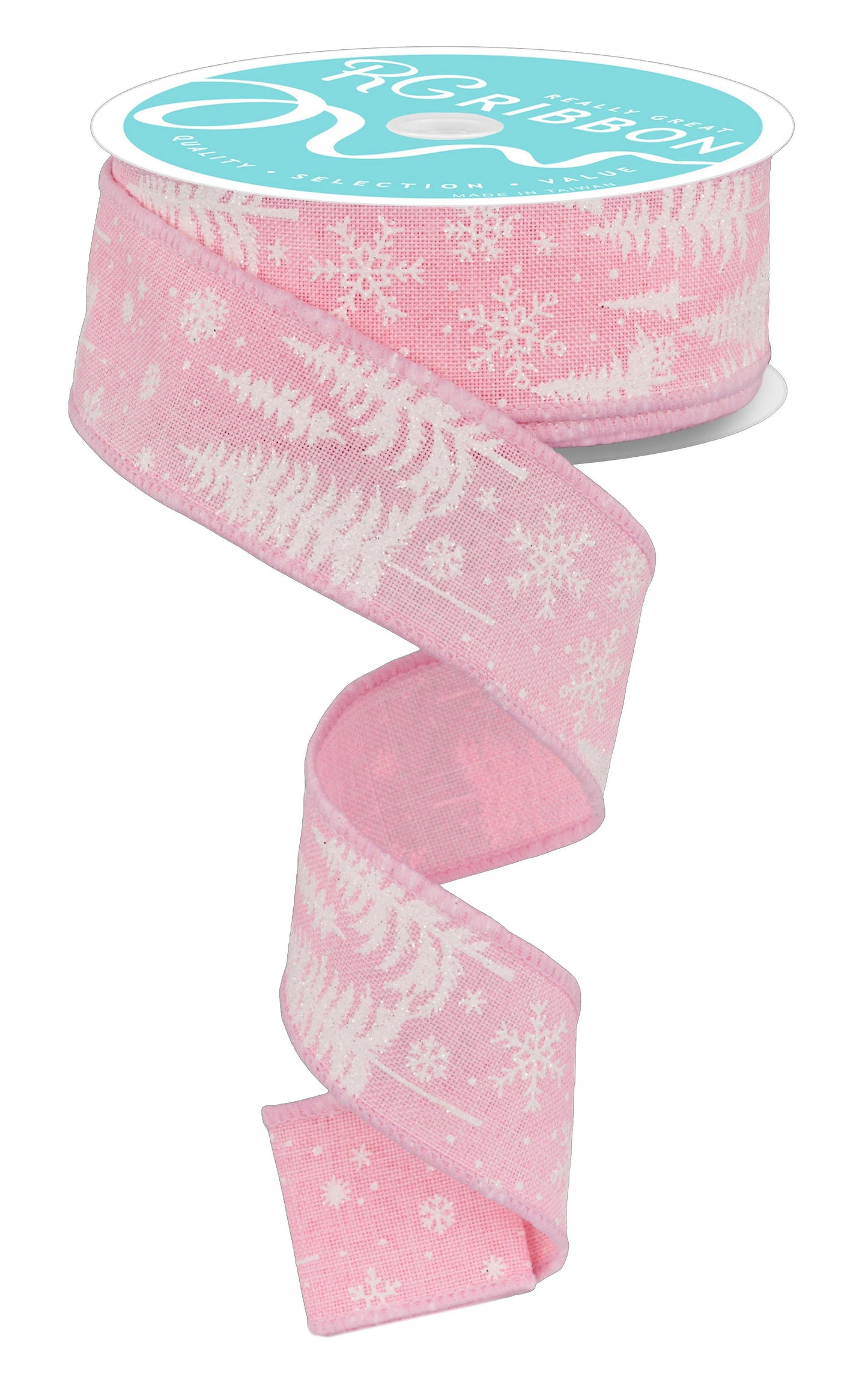 Wired Ribbon * Pine Trees and Snowflakes * Pink/White * 1.5" x 10 Yards * Canvas * RGF123715