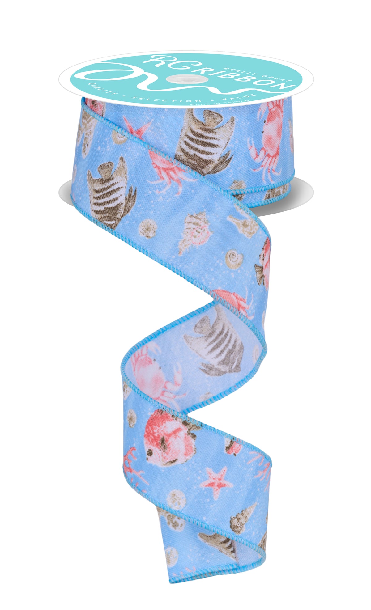 Wide Coasta Ribbon Wired Ribbon * Coastal Pattern * Blue, Coral, Cream, Brown and Lt Blue ...