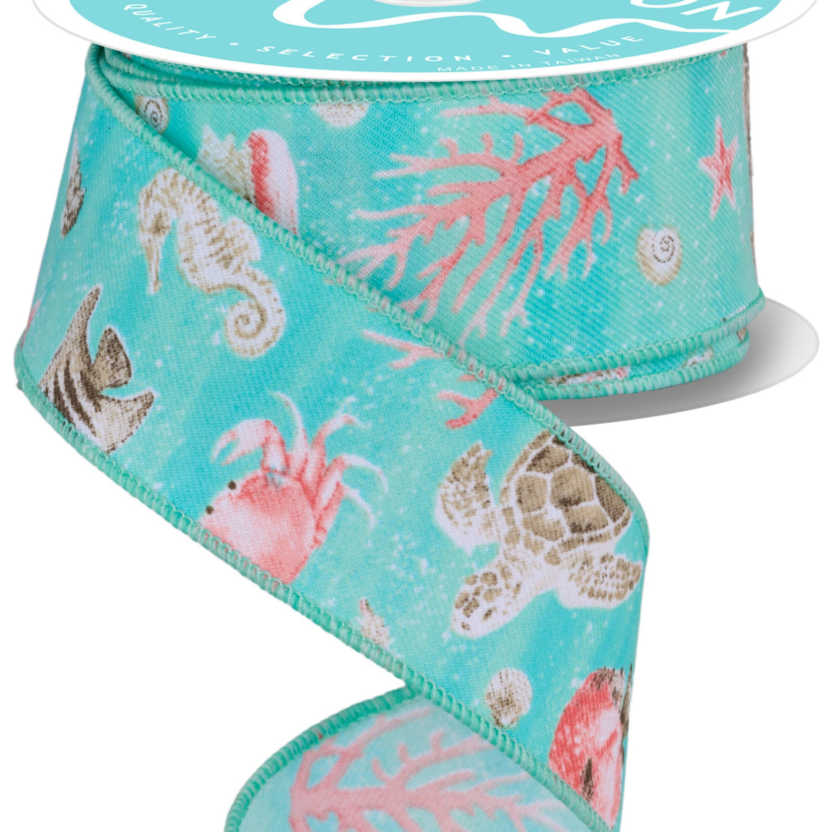 Dk Ribbon Wired Ribbon * Coastal Pattern * Dk. Mint, Coral, Cream, Turquoise and ...