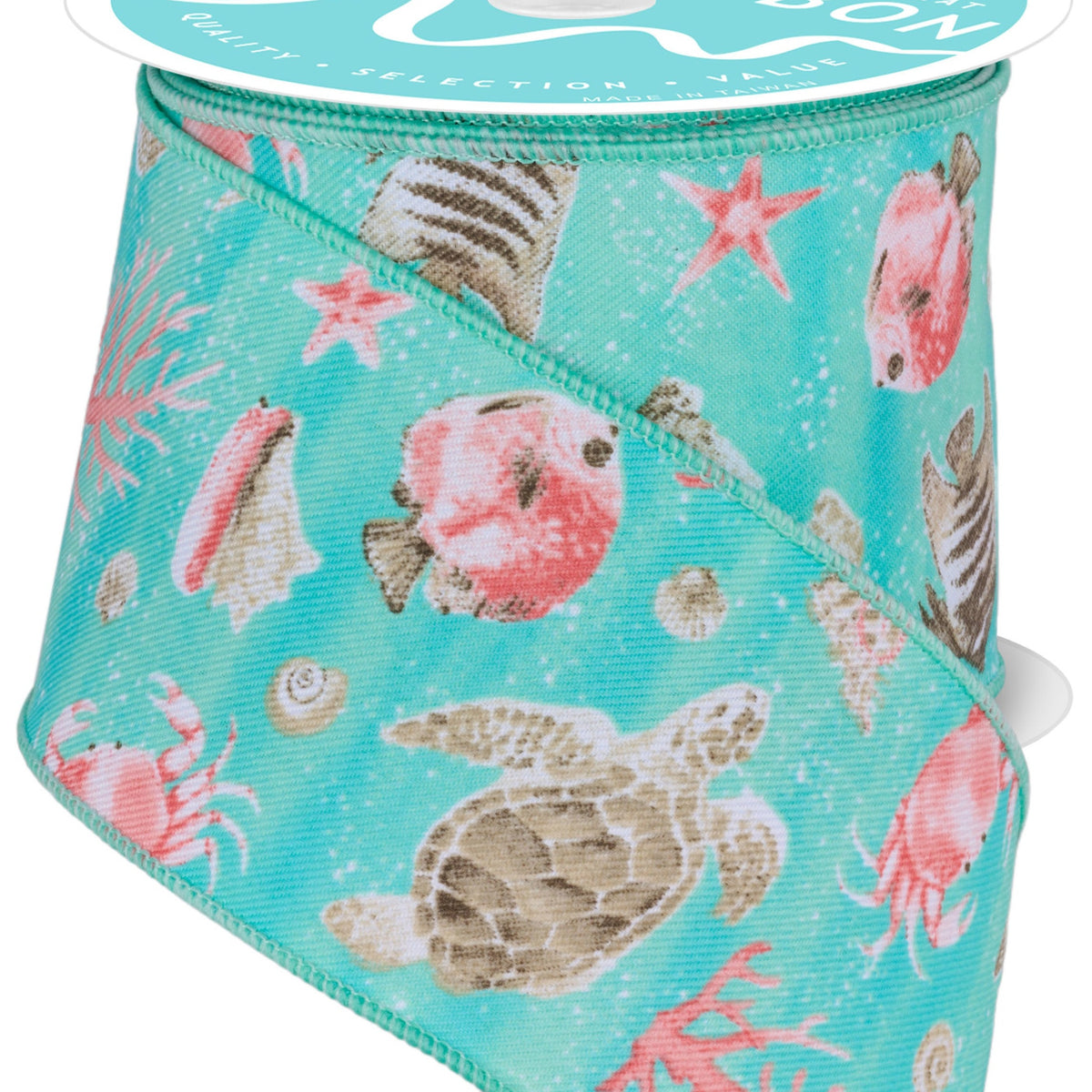 Wide Coasta Ribbon Wired Ribbon * Coastal Pattern * Dk. Mint, Coral, Cream, Brown and Tur ...