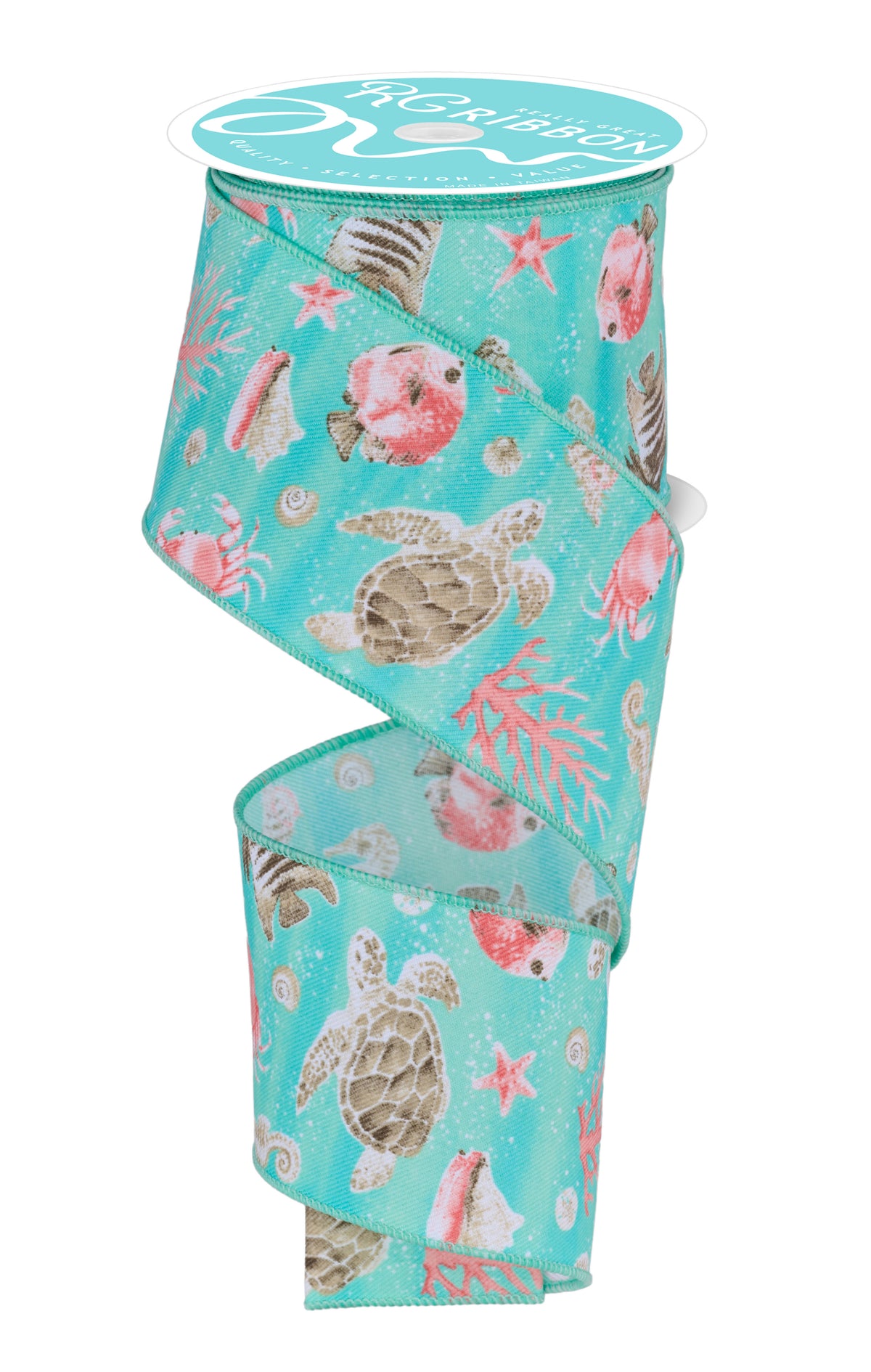 Dk Ribbon Wired Ribbon * Coastal Pattern * Dk. Mint, Coral, Cream, Brown and Tur ...