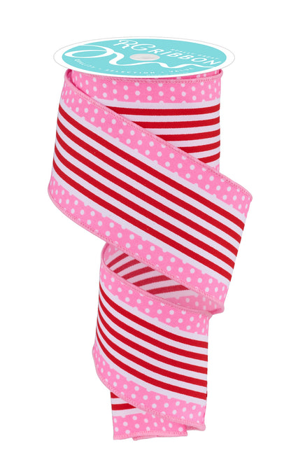 Wired Ribbon * Vertical Stripe/Polka Dots * White/Red/Pink Canvas * 2.5" x 10 Yards * RGF1301A2