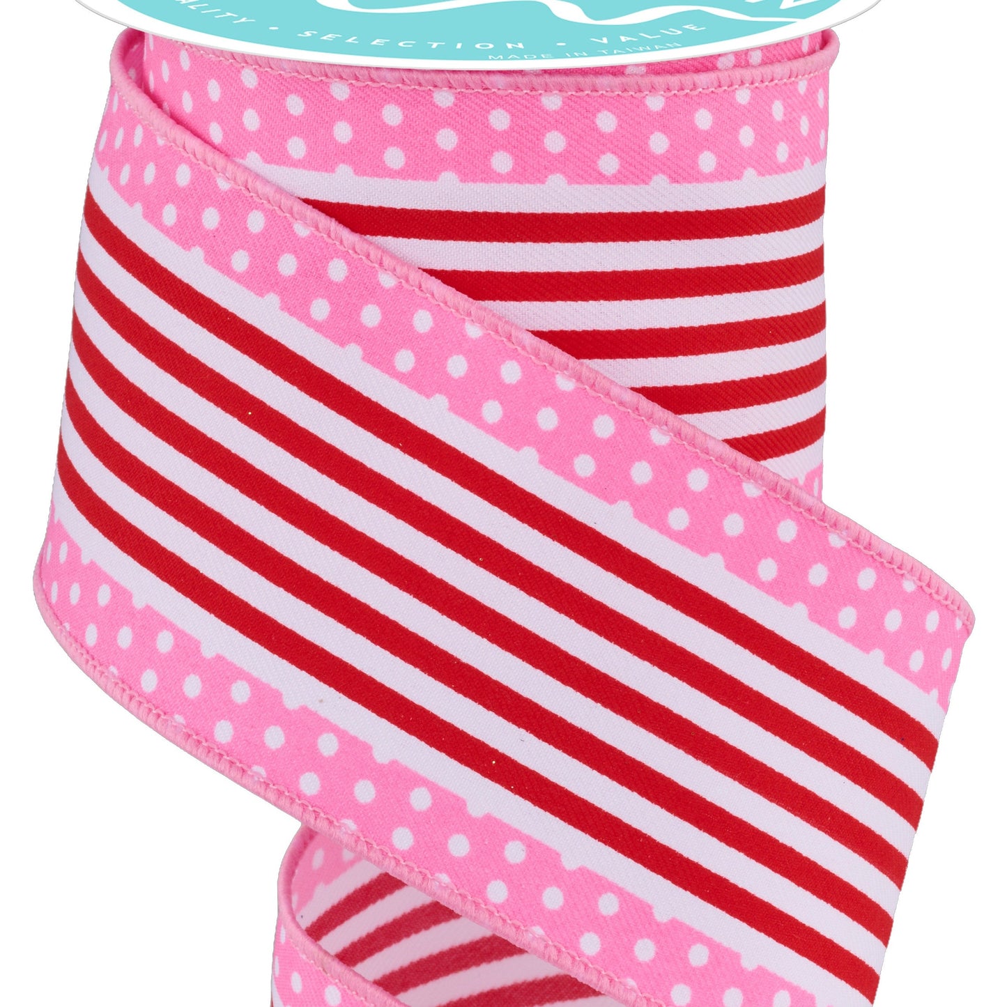 Wired Ribbon * Vertical Stripe/Polka Dots * White/Red/Pink Canvas * 2.5" x 10 Yards * RGF1301A2