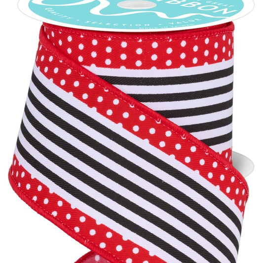 Wired Ribbon * Vertical Stripe/Polka Dots * White/Red/Black Canvas * 2.5" x 10 Yards * RGF1301CM