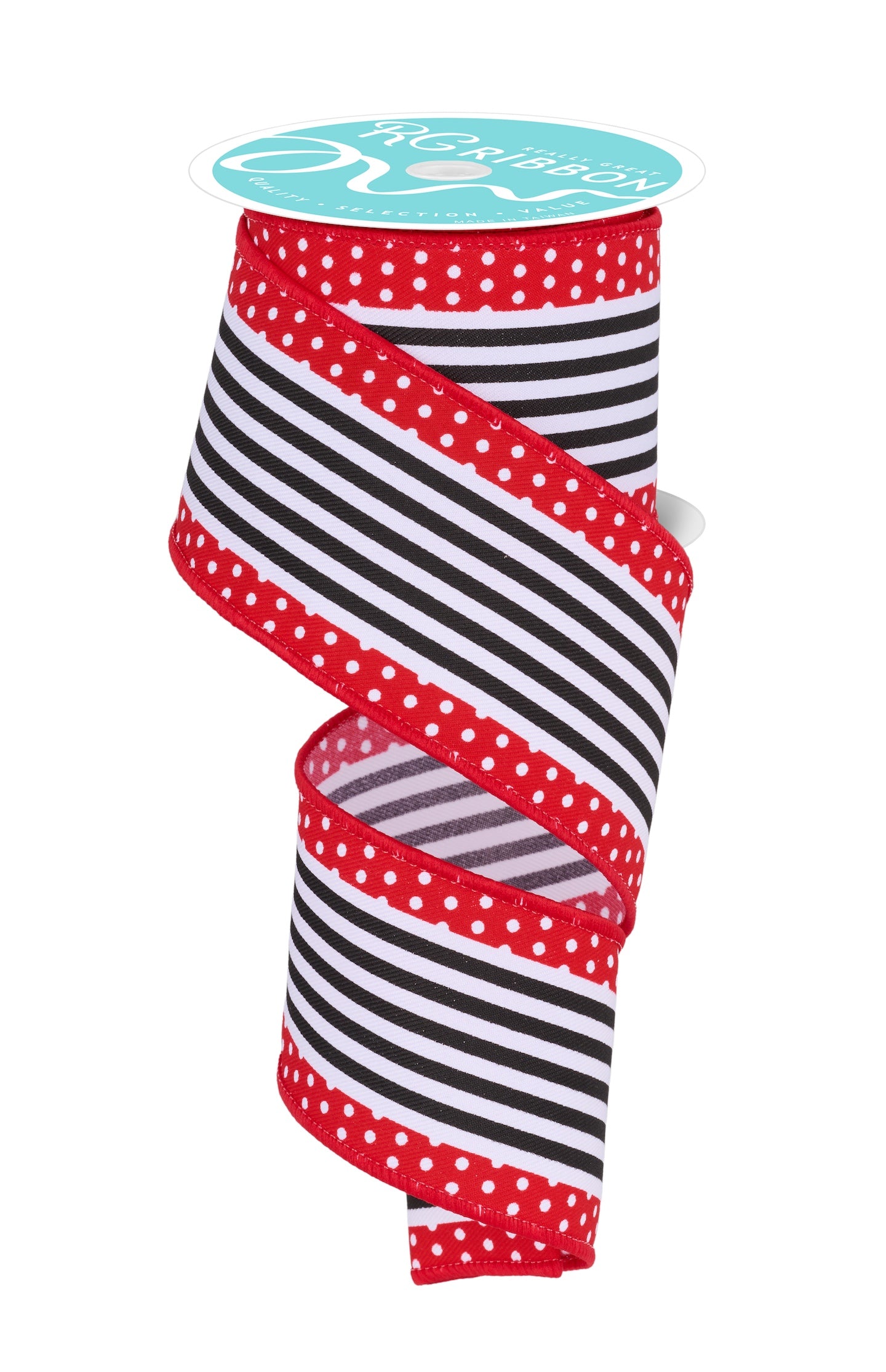 Wired Ribbon * Vertical Stripe/Polka Dots * White/Red/Black Canvas * 2.5" x 10 Yards * RGF1301CM