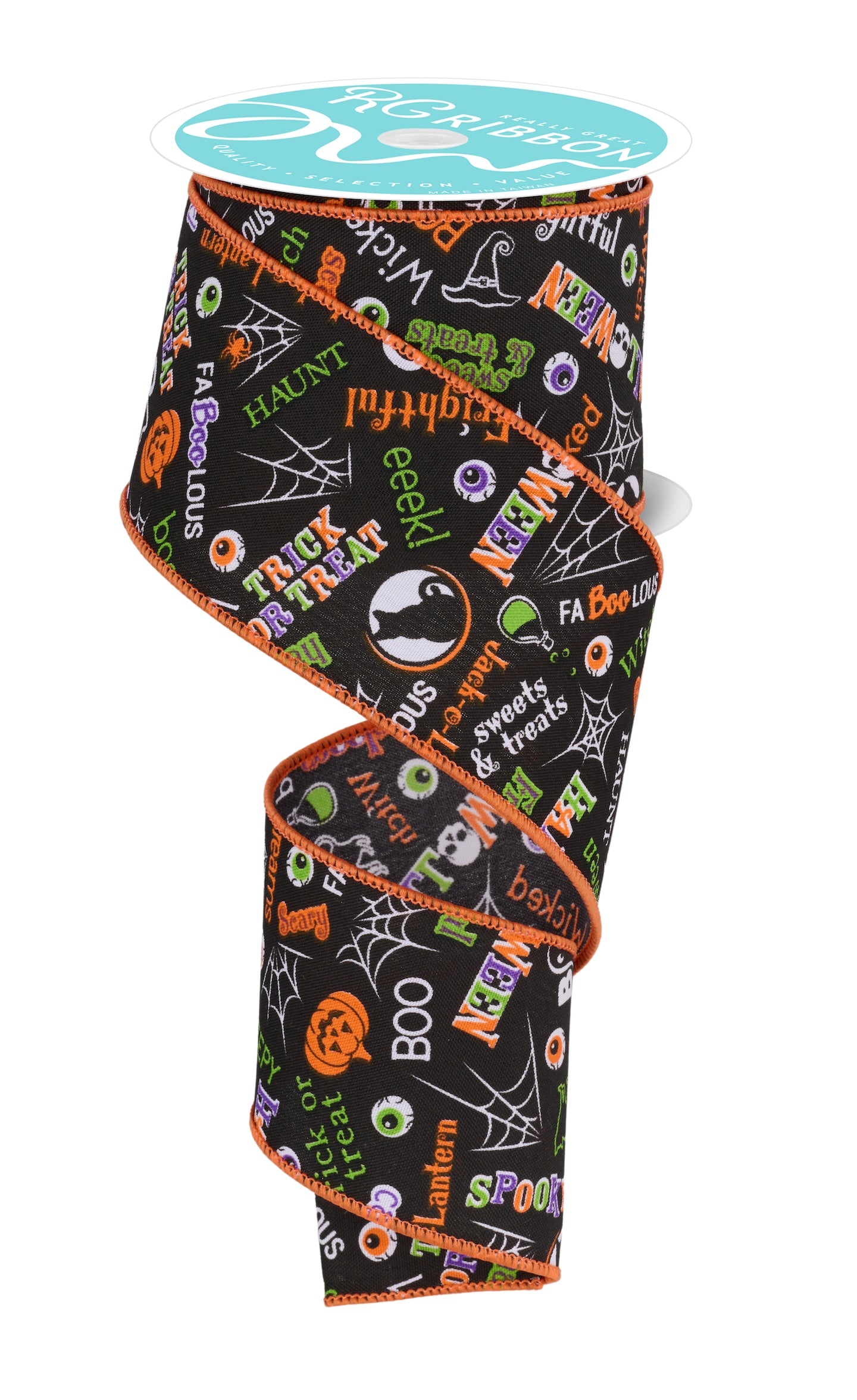 Wired Ribbon * Halloween Words * Black/Purple/Lime/Orange * 2.5" x 10 Yards Canvas * RGF1305YR