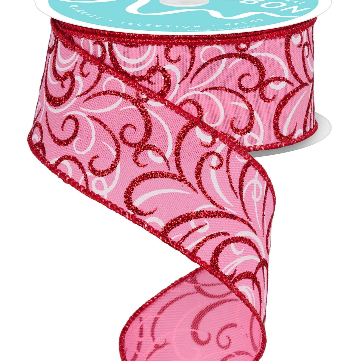 Pink Swirl Ribbons Wired Ribbon * Multi Swirls * White/Red/Pink * 1.5
