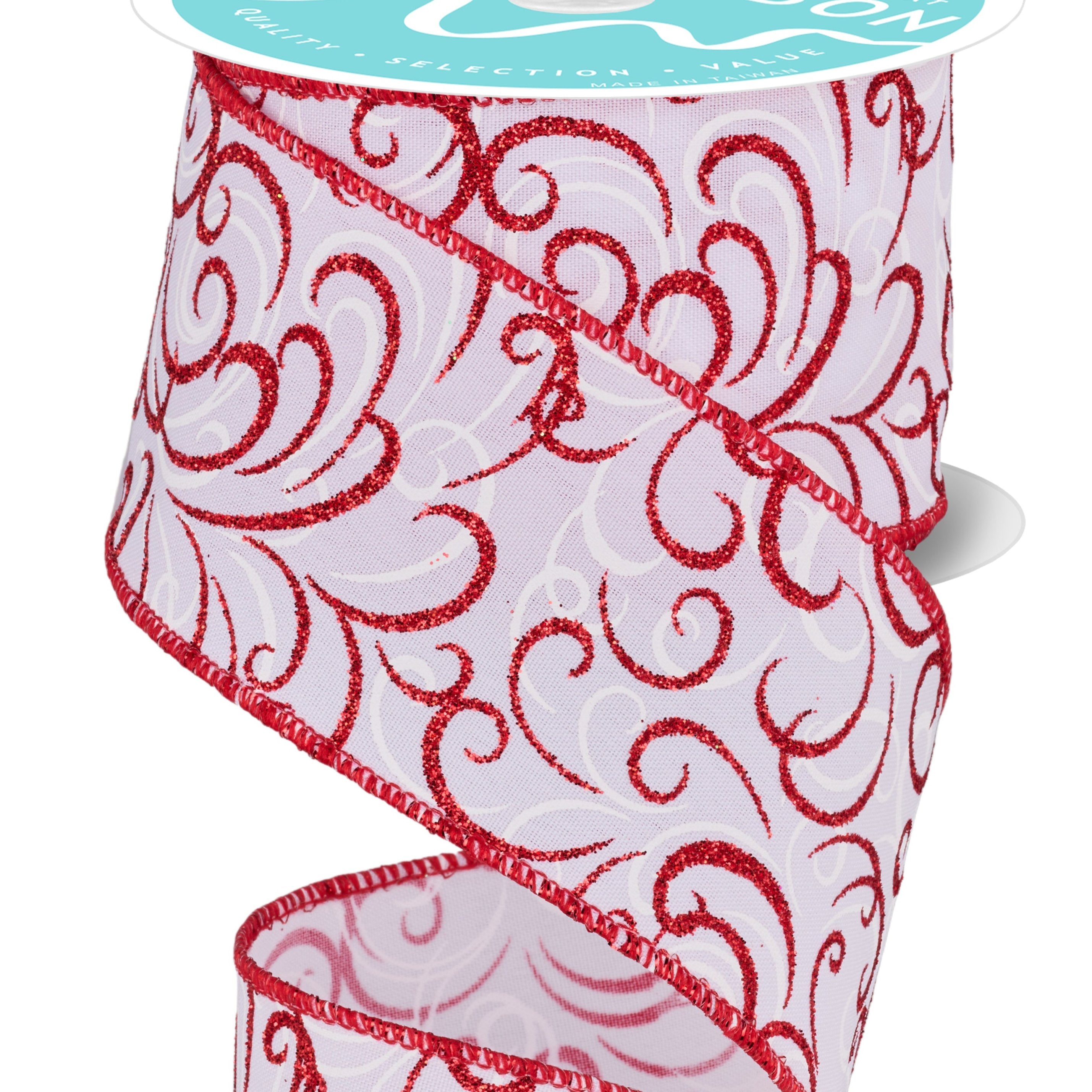 Wired Ribbon * Multi Swirls * White/Red * 2.5