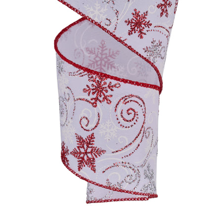 Wired Ribbon * Snowflakes Swirls * White/Red/Silver * 2.5" x 10 Yards * Canvas * RGF135567