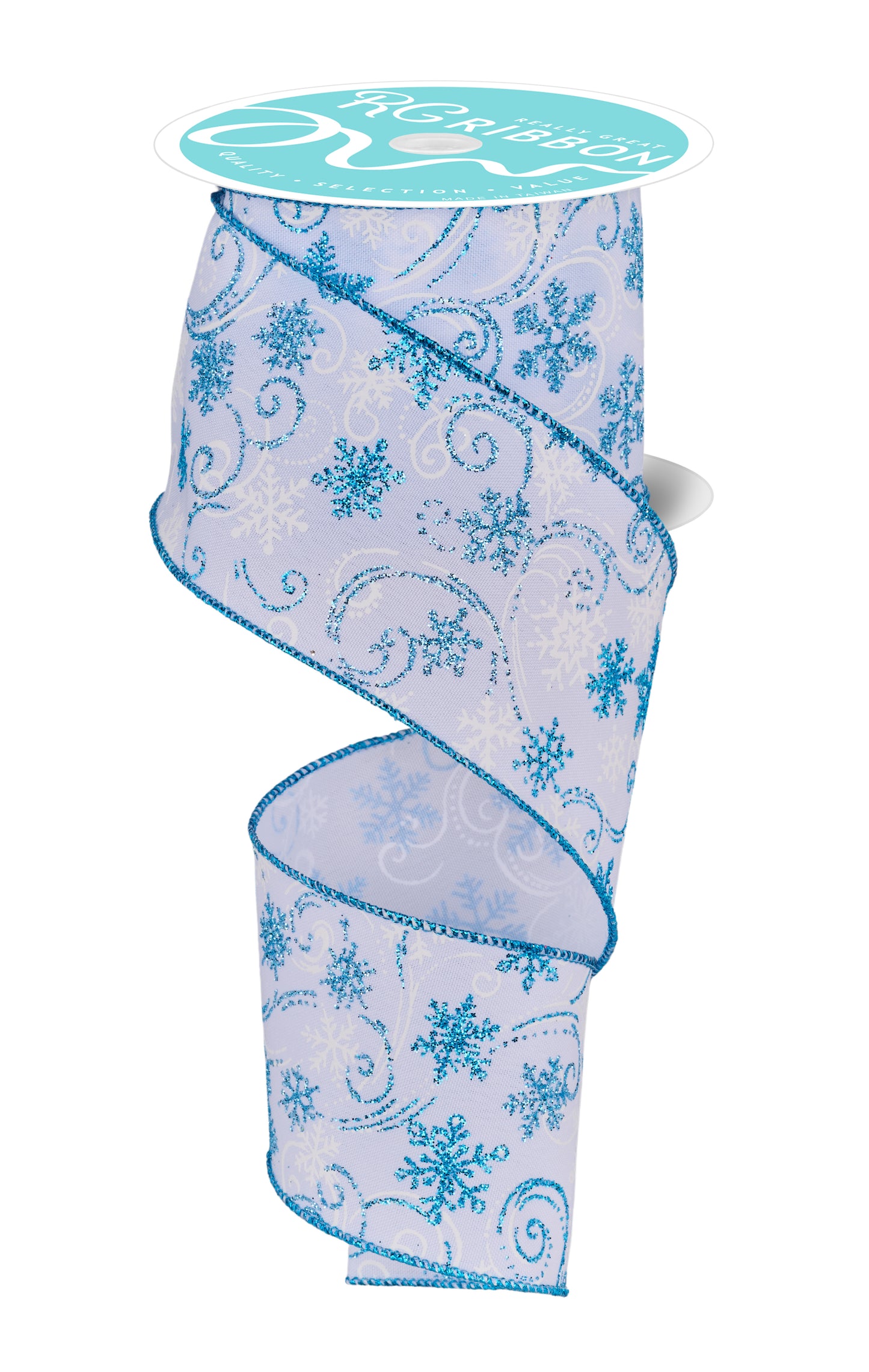 Wired Ribbon * Snowflakes Swirls * White/Turquoise/Lt Blue * 2.5" x 10 Yards * Canvas * RGF1355WR