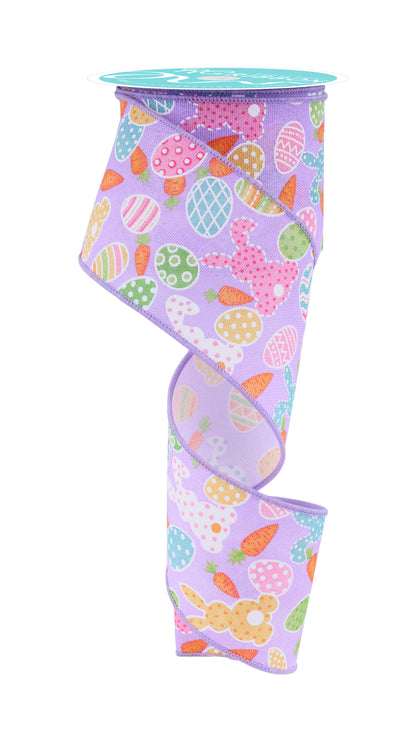 Easter Wired Ribbon * Bunny, Carrots and Eggs * Lavender/Multi Canvas  * 2.5" x 10 Yards * RGF155413