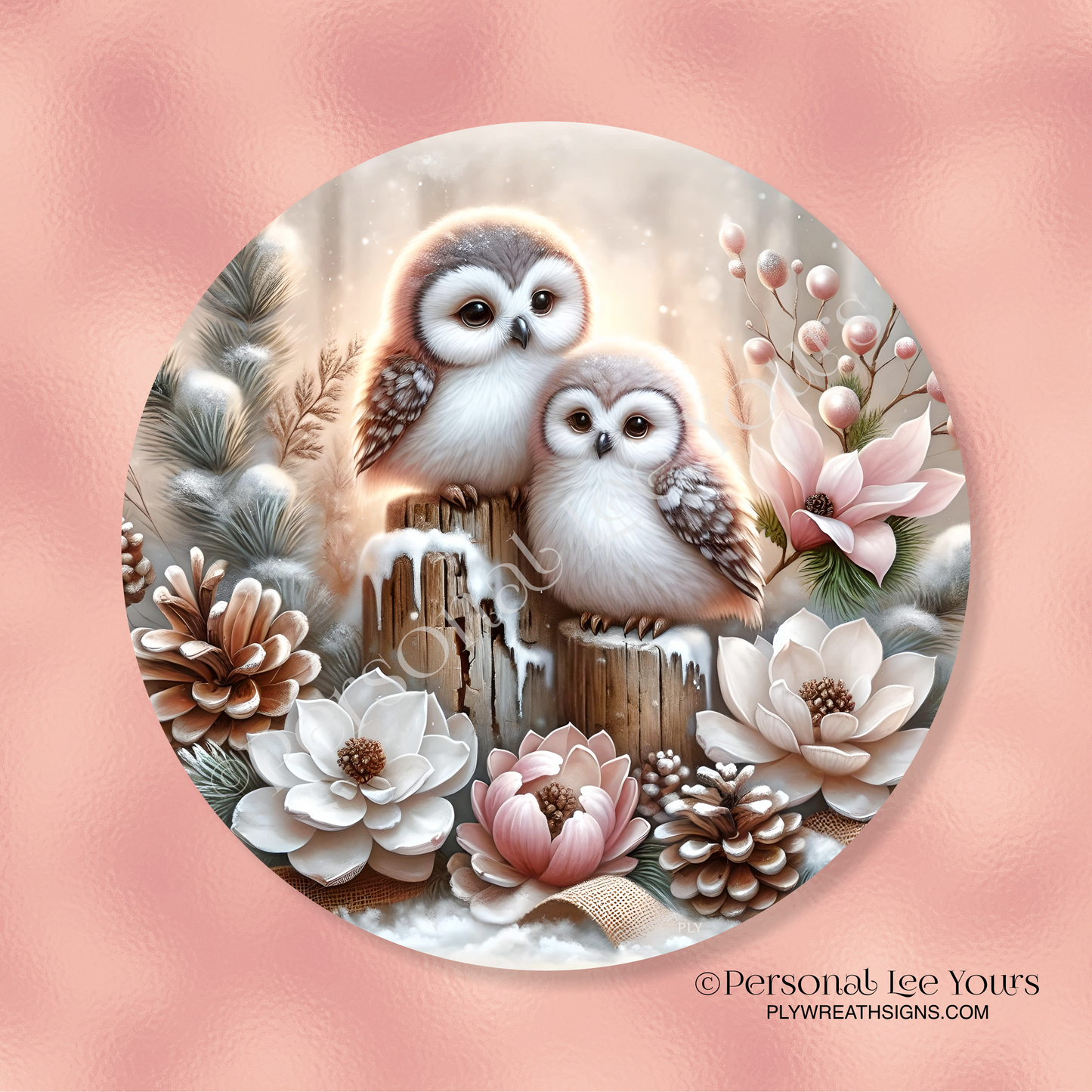 Wreath Sign * Rose Gold Winter Owls * Round * Lightweight Metal