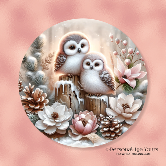 Wreath Sign * Rose Gold Winter Owls * Round * Lightweight Metal