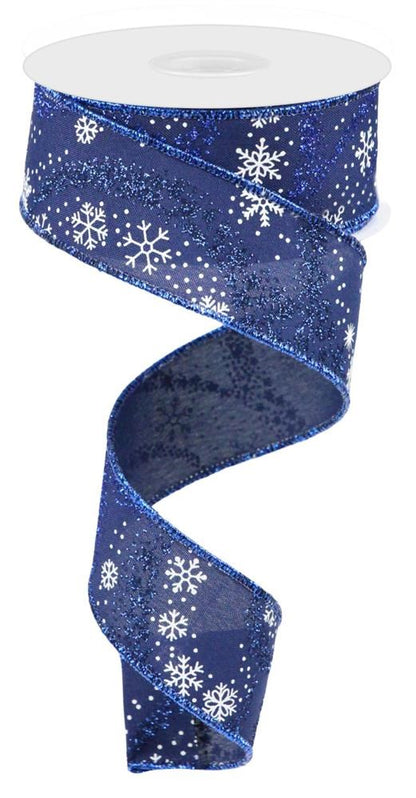 Wired Ribbon * Snowflake Swirl * Navy Blue, White and Silver * 1.5" x 10 Yards * Canvas * RW815325