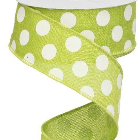 Wired Ribbon * Medium Multi Dots * Lime Green and White Canvas * 1.5" x 10 Yards * RX9145WW